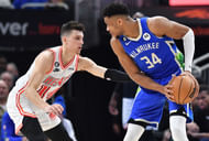 Milwaukee Bucks forward Giannis Antetokounmpo controls the ball against Miami Heat guard Tyler Herro at Fiserv Forum. Photo Credit: Imagn
